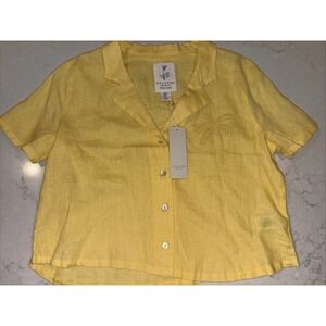 CALYPSO St Barth Button-Up Blouse Camp Shirt Linen Short Sleeve Cropped Yellow M